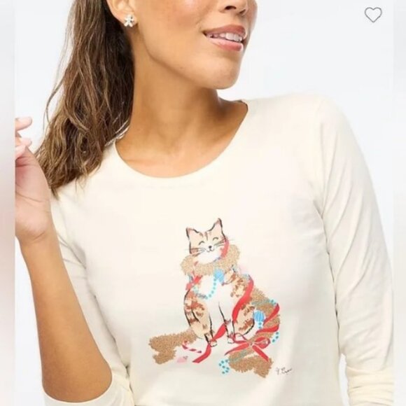 J. Crew Holiday Cat Pajama Lounge Top Size S Cream Long Sleeve PJ Collector Tee - Picture 2 of 8